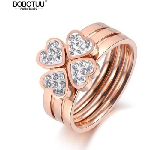 BOBOTUU Classic 3 In 1 Rose Gold CZ Crystal Love Heart Flower Ring Jewelry Stainless Steel Wedding Ring For Women Girls BR19074