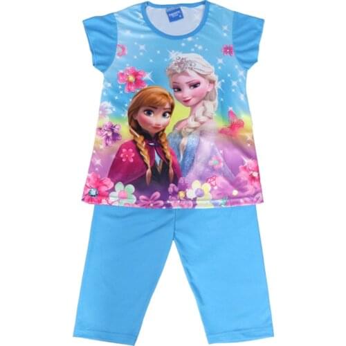 Disney Girl Sets Frozen 2 Elsa Anna 2021 Summer New Kids Outfits Childrens Clothing Short Sleeve+Trousers Pajamas Suit 3-8Y