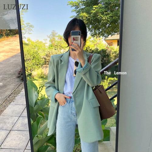 LUZUZI Autumn Korean Chic Loose Light Green Blazer Women One Button Female Suits Jacket Outwear Office Ladies blaser femme 2021