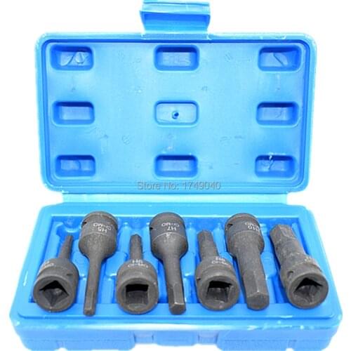 7pc Impact Hex Bit Socket Set 3/8" Square Drive Air Impact Allen Key Bit Socket Cr-Mo 60mm Long Hex Head H4 H5 H6 H7 H8 H10 H12