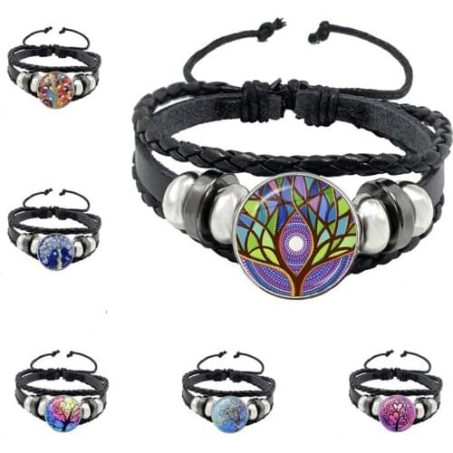 New Beauty Colorful Tree of Life Charm Leather Rope Chain Bracelets for Women Male Length Adjustable Bohemia Jewelry