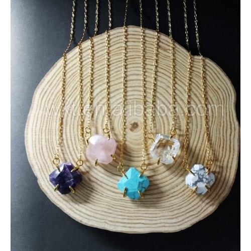 WT-N720 natural rose stone necklace charm mix color 24K gold trim chain necklace raw crystal necklace prong setting necklace