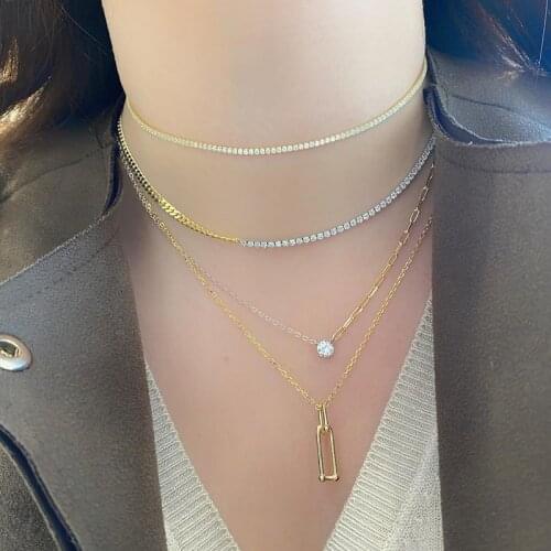 100% 925 Sterling Silver Geometric Single CZ Simple Delicate Thin Chain Prong Set Sparking Heart Square Oval Round CZ Necklace