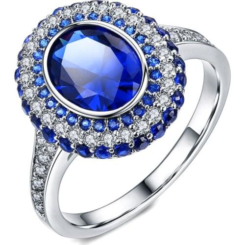 Drop Shipping Luxury Jewelry 18KT White Gold Fill Oval Cut 5A Blue Cubic Zirconia Pave CZ Promise Women Wedding Band Ring Gift
