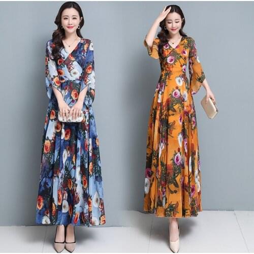 Chiffon print dress 2021 summer new womens dress waist to show thin temperament to ankle-length long dress