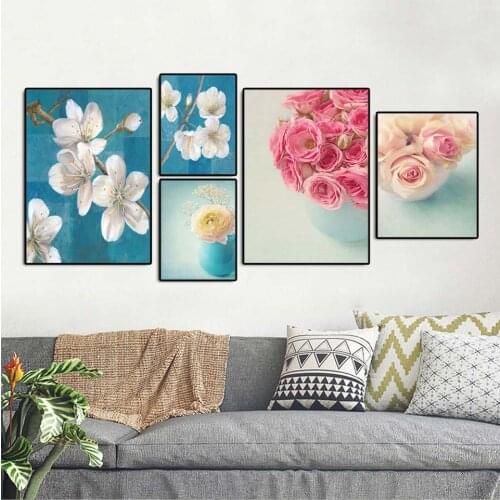 Nordic Home Decoration Wall Art Pink Rose Cherry Poster and Print Fresh Flowers Canvas Painting Unframed Drawings Pictures