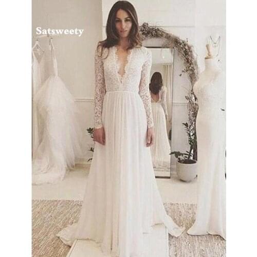 A-line Boho Wedding Dress Lace Appliques Wedding Gowns Elegant Bride Dress V Neck Backless Vestidos De Noiva 2020