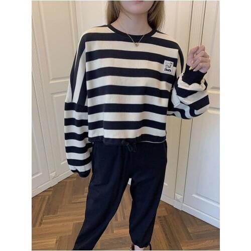 Loose And Casual Stripe Pullover And Versatile Knitted Short Sweatshirt For Womens 2021 New Spring And Autumn Wear