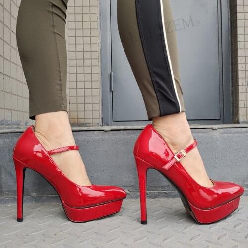 LAIGZEM FASHION Women Pumps Shiny Genuine Leather Mary Janes Wedding Office Party Sandals Female Shoes Woman Size 33 37 39 40