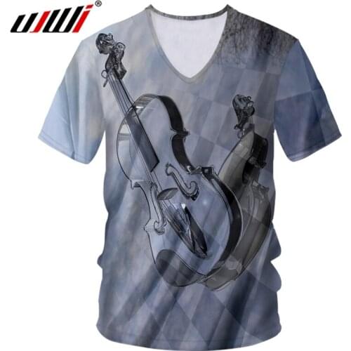 UJWI Autumn New Mens Fashion Tee Shirt 3D Printed Guitar Short Sleeve V Neck Tshirt Man Loose T-shirt Unisex Clothing Wholesale