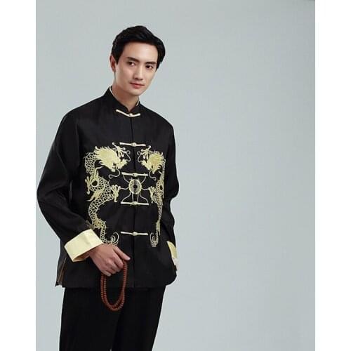 Embroidery Dragon Cheongsam Top Gold Long Sleeves Tang Suit Men Jacket Chinese Traditional Clothing Retro Party Banquet Kung Fu
