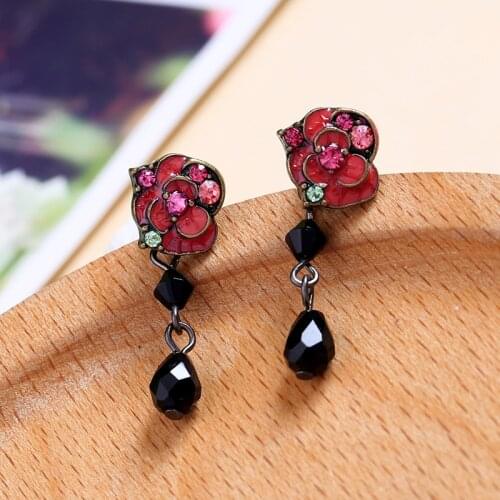 Vintage Style Exquisite Crystal Red Enamel Rose Flower Acrylic Drop Earrings For Women Fashion Jewelry Wholesale Trendy