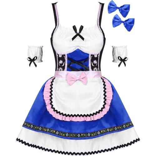 Womens Beer Babe Oktoberfest Costume Embroidered Dirndl Beer Festival Dress Carnival Cosplay Party Costume Bowknot Ruffle Apron