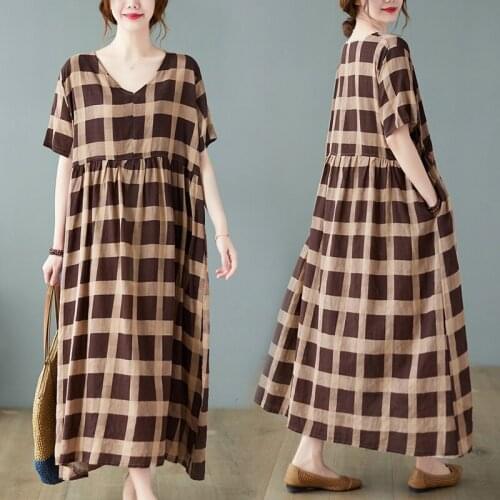 2021 New Arrival Print Plaid Fashion Women Summer Dress Thin Soft Cotton Linen Vintage Office Lady Work Dress Casual Long Dress