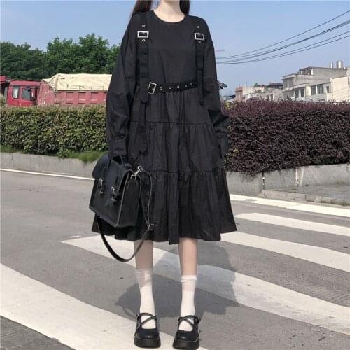 Japanese Diablo Gothic Lolita Style Balck Women Dress 2020 Autumn Kawaii Puff Sleeve Loose Vintage High Waist Dresses Vestidos