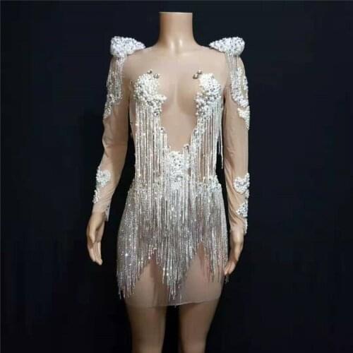 Y81 Perspective rhinestone dress diamonds skirt performance wear stage costumes see through outfit women tassel pearl dresses