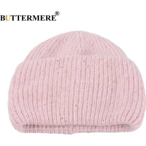 BUTTERMERE Women Rabbit Fur Winter Hat Pink Female Warm Soft Wool Knitted Hats Ladies Solid Skullies Beanies