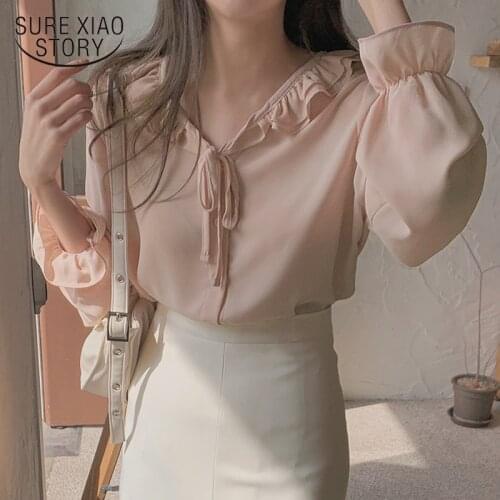 Blusas Mujer Spring Autumn New Sweet Korean Shirt V-Neck Long Sleeve Elegant Blouse Women Solid Color Casual Fashion Tops 14041