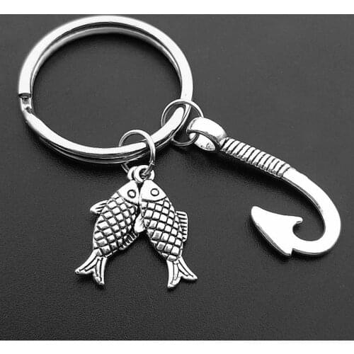 Fashion Fish and Hook Key Chain Keychain Jewelry Silver Color Fisherman I Love Fishing Fish Pendant Key Holder