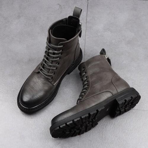 Brand designer mens leisure motorcycle boots genuine leather platform shoes black grey military boot cowboy botas chaussure man