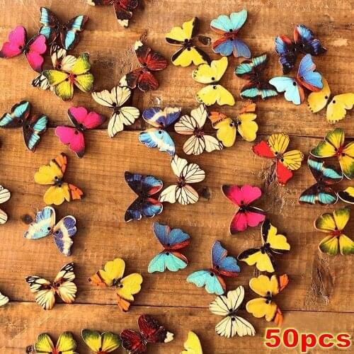 50Pcs/Bag 28mm Mixed Color Big Hole One Side Butterfly Wood Beads For Jewelry Making Sewing Wooden Buttons Needlework Scrapbook