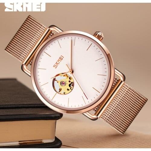 SKMEI Luxury Automatic Watch Men Mechanical Wristwatch Hollow Dial Business Stainless Steel Net Strap Fashion Mens Clock Reloj