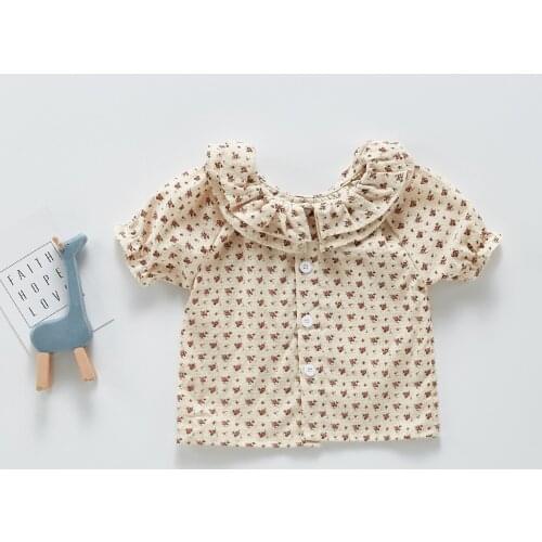 Kids Girls Shirt Cartoon Floral Children Girls Blouses Shirts Cotton Short Sleeve Girls Ruffles Tops Summer Kids Clothes 0-3Y