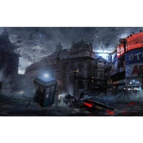 Doctor Who Police Box car flood in city backgrounds High quality Computer print party backdrop