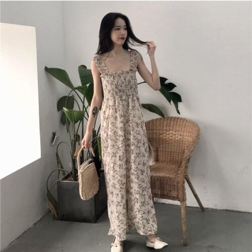 Jumpsuits Women Sweet Printed Elastic Wide Leg Female Jumpsuit Sleeveless Summer Loose Ladies Strap Trouser Korean Harajuku Chic