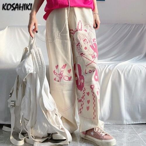 KOSAHIKI Cartton Girl Print Wide Leg Pants Women Casual Loose Korean Style Sweatpants Fashion New Trousers Femme Cargo Pants