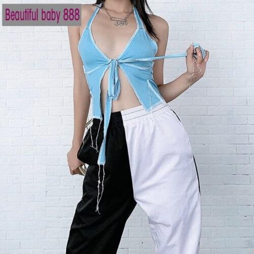 Meqeiss Sexy deep V-neck Patchwork Halter Tops Women Sleeveless lace up backless Party Club Crop Top Fashion Street Style Tanks