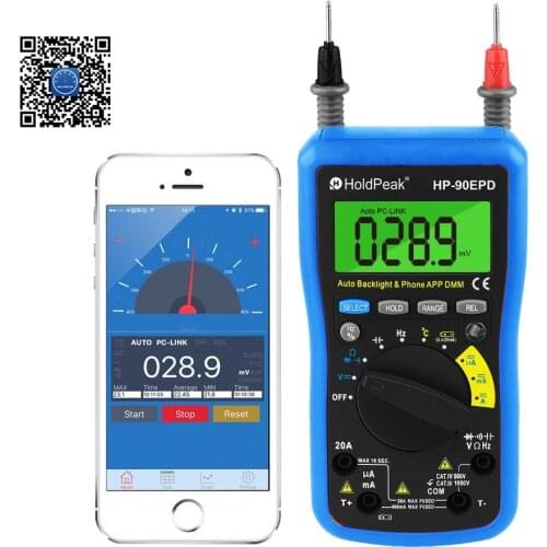 Mobile APP Auto range multimeter true rms AC DC Voltage Current ResistanceCapacitance Frequency Back light,HoldPeak HP-90EPD
