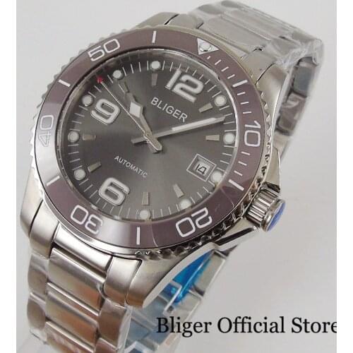 BLIGER Fashional Mechancial Auto Men Watch Grey Dial Sapphire Glass Rotating Bezel Mental Band Date Function MIYOTA Movement