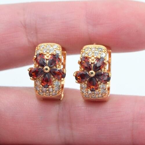 Gold Color Women Fashion Red Cubic Zirconia CZ Flower Huggie Hoop Wedding Earrings