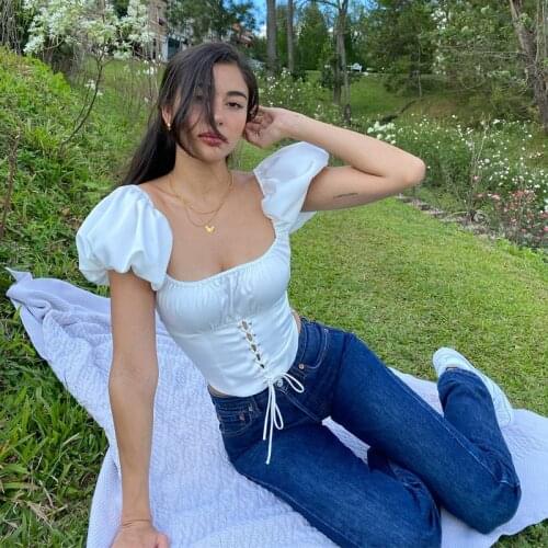 2021 New Style Women’s Fashion Puff Sleeve Pullover Corset Tops Ladies Elegant Solid Color Lace-Up Crop T-shirt Streetwear