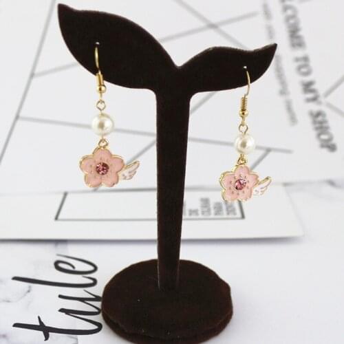New Japanese Girl Cherry Blossom Series Long Short Pink Cherry Wings Earrings Hypoallergenic Fashion Stud Earrings