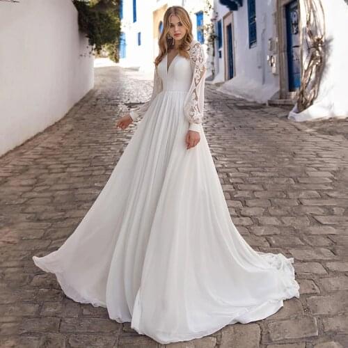 Long Sleeves Chiffon Outdoor Wedding Dress Lace Up 2021 Bohemian Beach Photos Rustic Maxi Elegant Cutout Applique Bridal Gowns