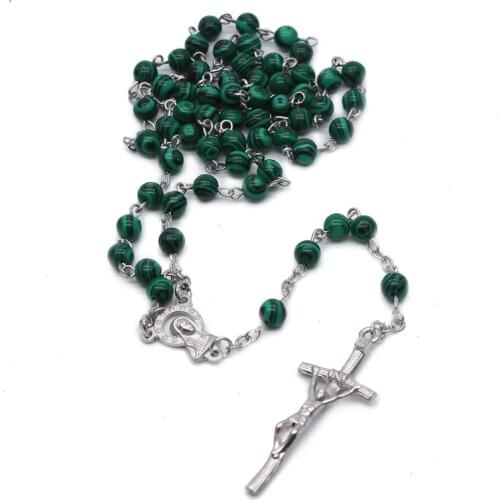 Green Natural Stone Rosary Beads Necklace Virgin Mary Cross Pendant Necklace Women Religious Catholic Church Prayer Jewelry