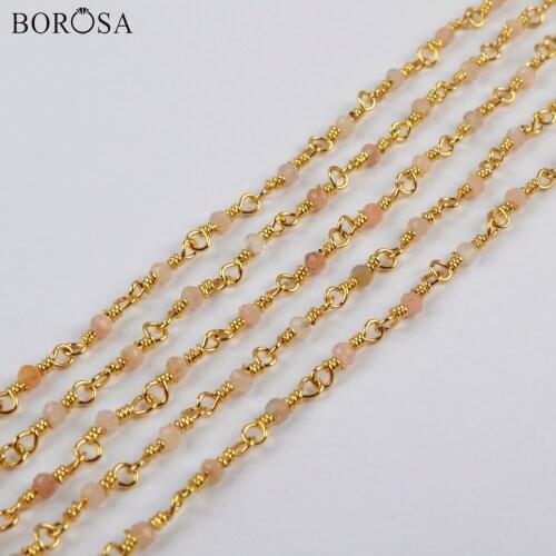 BOROSA 3Meters Gold/Silver Plated 2mm Natural Sunstone Beads Faceted Chains Natural Stone Beads Brass Chains Accessories JT247