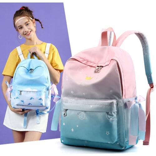 Rdywbu Girls Ribbon Bow Backpack Teenager Crown School Bookbag Women Dolphin Printing Travel Rucksack Large Bagpack Mochila B766