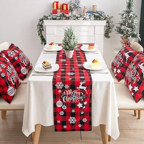 Christmas Table Runner Plaid Tablecloth Deer Printed Creativity Coffee Party Home Desktop Holiday Decoration Xmas New Year