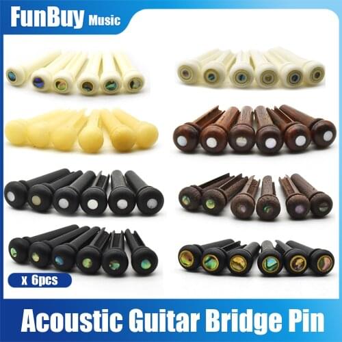 6Pcs Bone Guitar Bridge Pins Ebony Bone Rosewood Bridge Pin for Acoustic Guitar with Pearl Shell Brass Circle Guitar Accessories