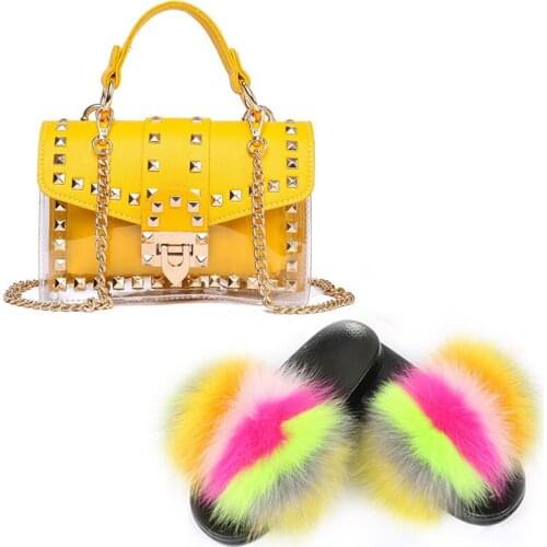 Women Summer Fur Slides Fashion Studded Jelly Bag Sweet Real Fox Fur Slippers Messenger Bag Shoe Bag Set Party Luxury Slippers
