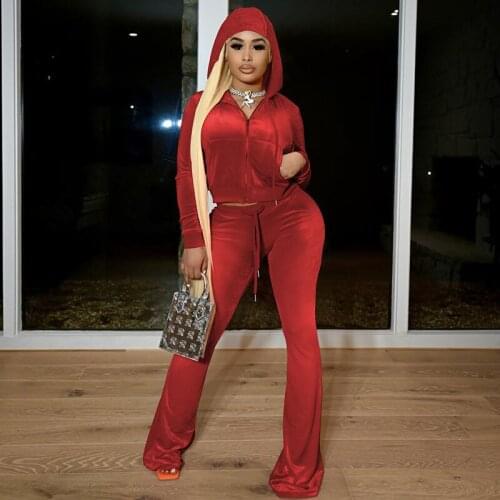 Korean Fashion Velour Sweat Suits Women Tracksuit Zip Up Hooded Jacket + Wide Leg Pants Two Piece Set Women Velvet Matching Sets