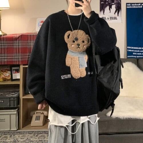 Women Pullovers Cute Bear Sweater Knitted Harajuku Winter Jumpers Knitwear 2021 Round Collar Loose Pullovers Oversized Teens New