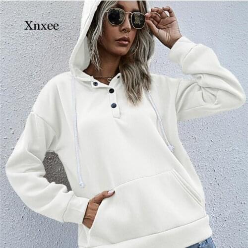 Fall/winter Womens Solid Color Hooded Sweater Sweater Japanese Hooded Pullover Solid Color Drawstring Warm Pocket Button Top
