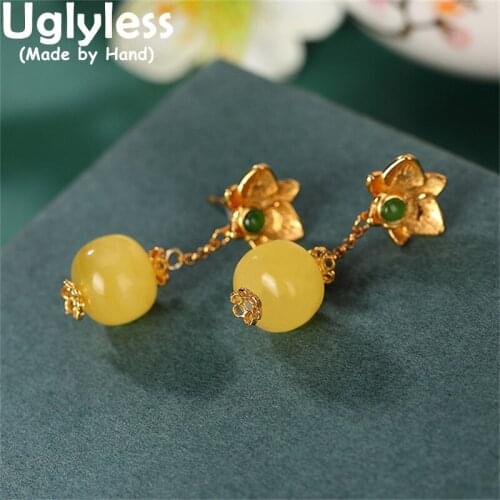 Uglyless Natural Gemstones Amber Beeswax Earrings for Women Real 925 Sterling Silver Lotus Earrings Vintage Ethnic Brincos Gold