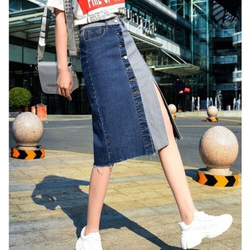 Юбка skirt woman jeans skirts denim split womens patchwork casual jupe faldas mujer moda 2020 knee-length pocket mujer faldas