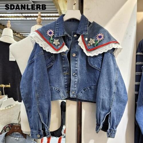 Fall 2021 New Long Sleeve Jean Jacket Ruffled Collar Lace Patchwork Short Denim Jacket for Women Loose Beading Coat