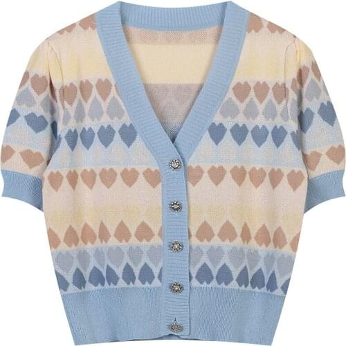 2021 Summer New V-Neck Single Breasted Cardigans Loving Heart Pattern Knitted Sweater Cardigan Women YOU690